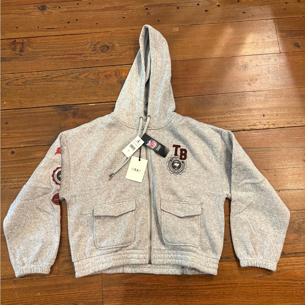 NFL Gray Hooded Zip Sweatshirt with tampa bay buccaneers patches